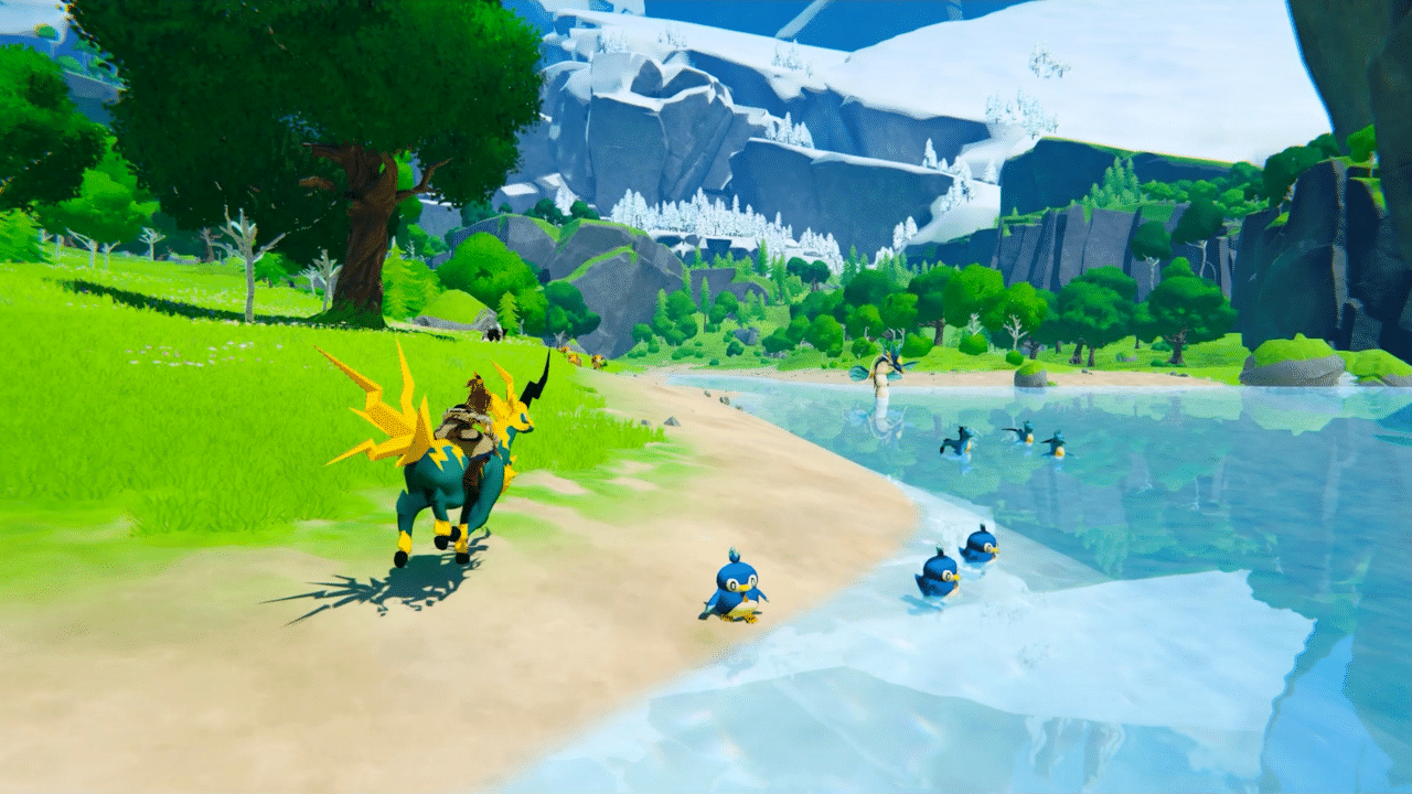 A player riding beside Pals on a beach in Palworld