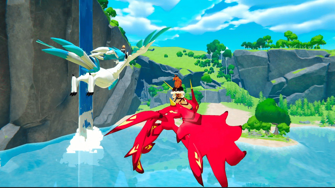 Players flying over a Palworld waterfall