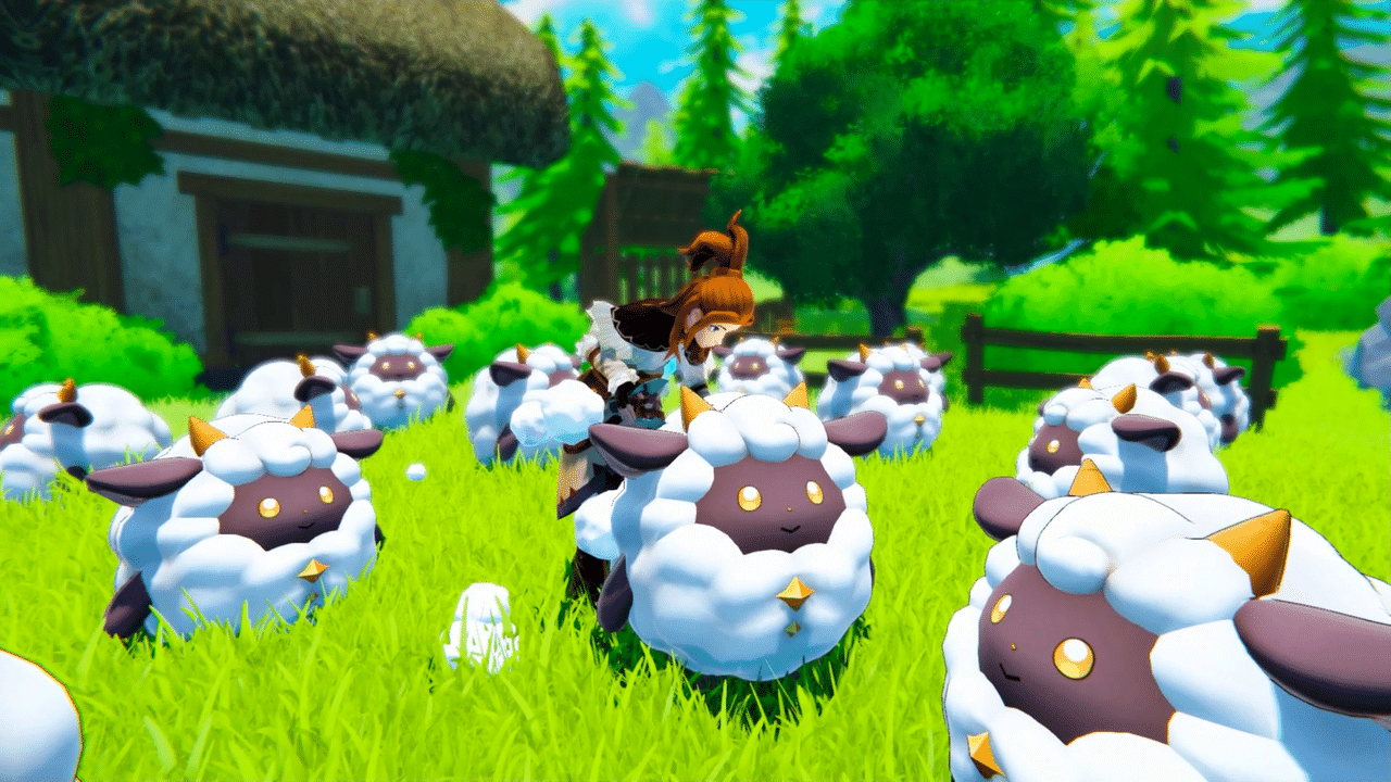 A field filled with Lamballs in Palworld